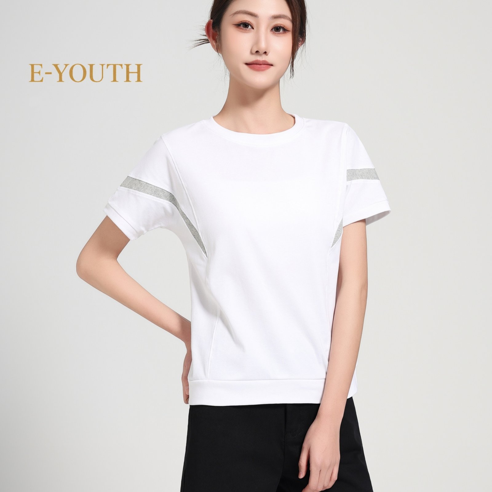 E-YOUTH 13112 Women Clean Line Contrast Tee product detail 5
