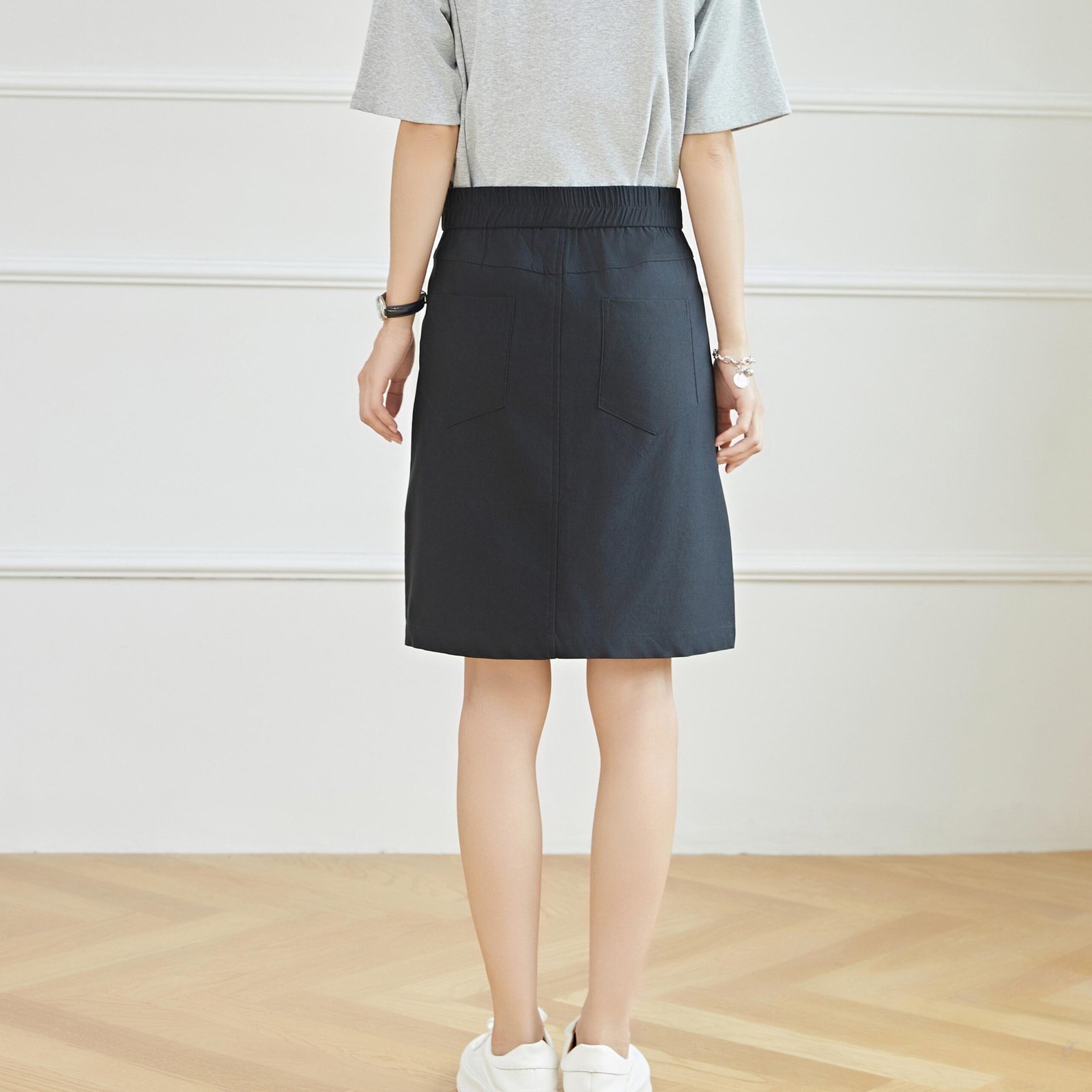 E-youth 1955 Women's Plain Knee-Length Midi Skirt - High Waist, Regular Fit - Cotton Elastane product detail 11