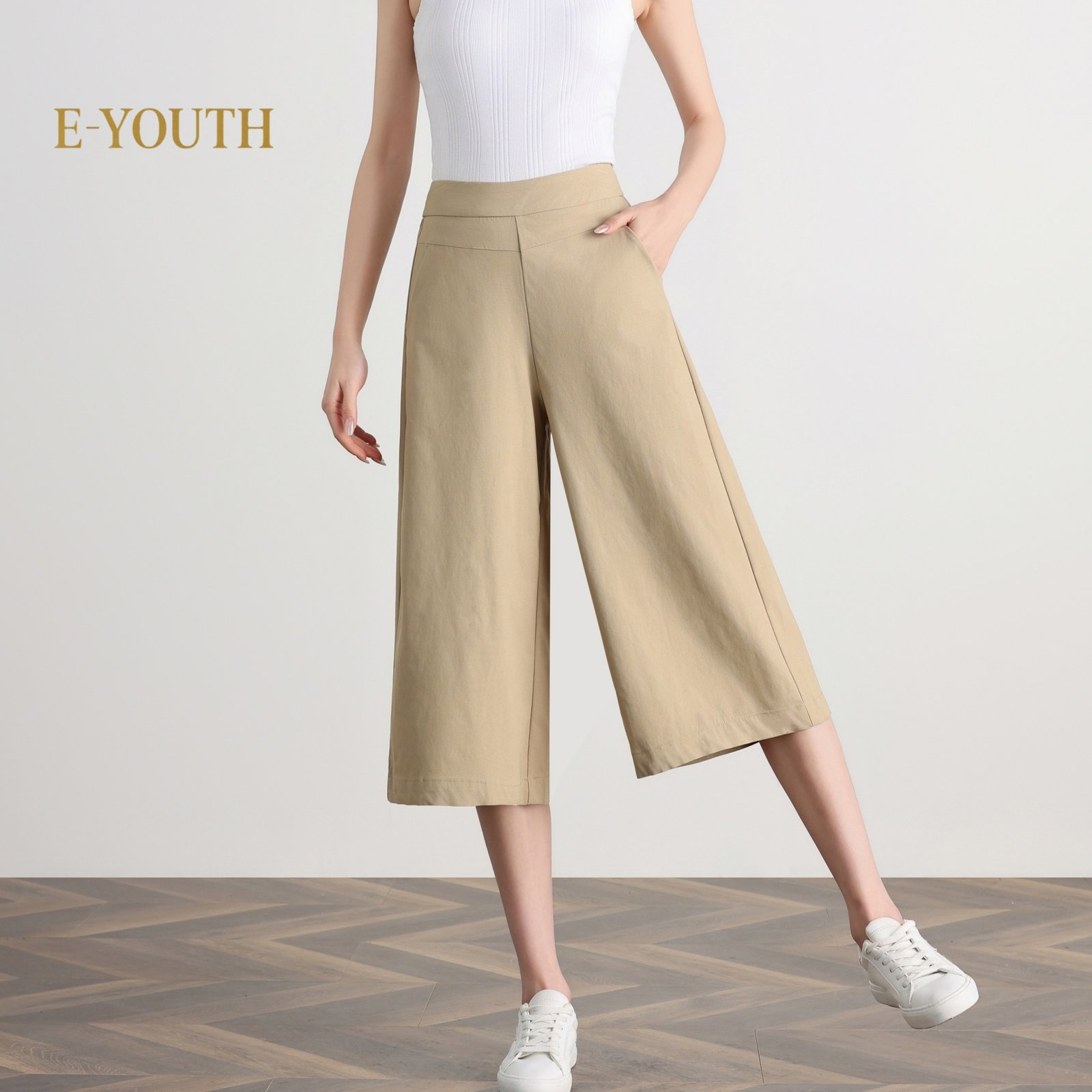 E-YOUTH 10123 Elegant Twill High Waist Culottes