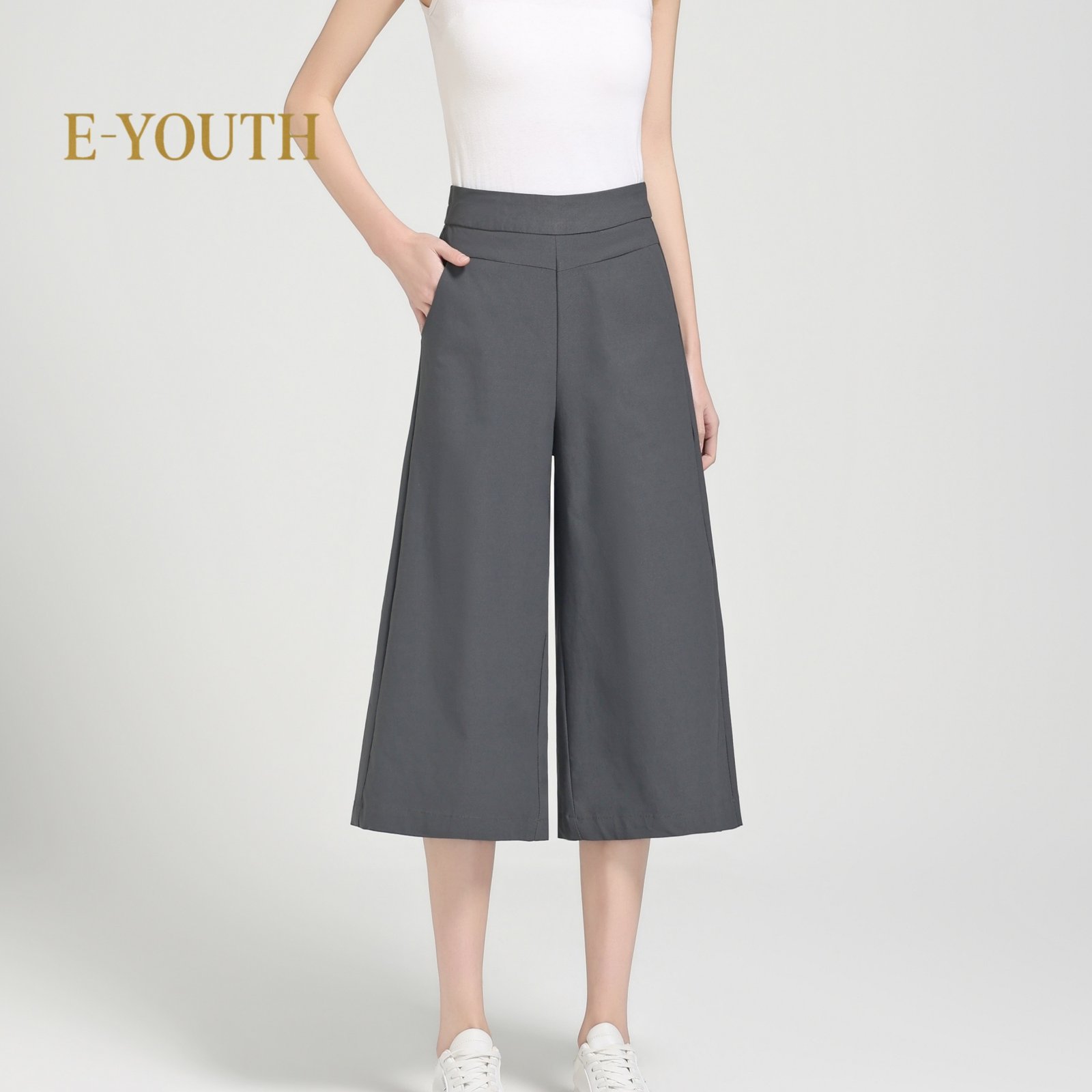 E-YOUTH 10123 Elegant Twill High Waist Culottes
