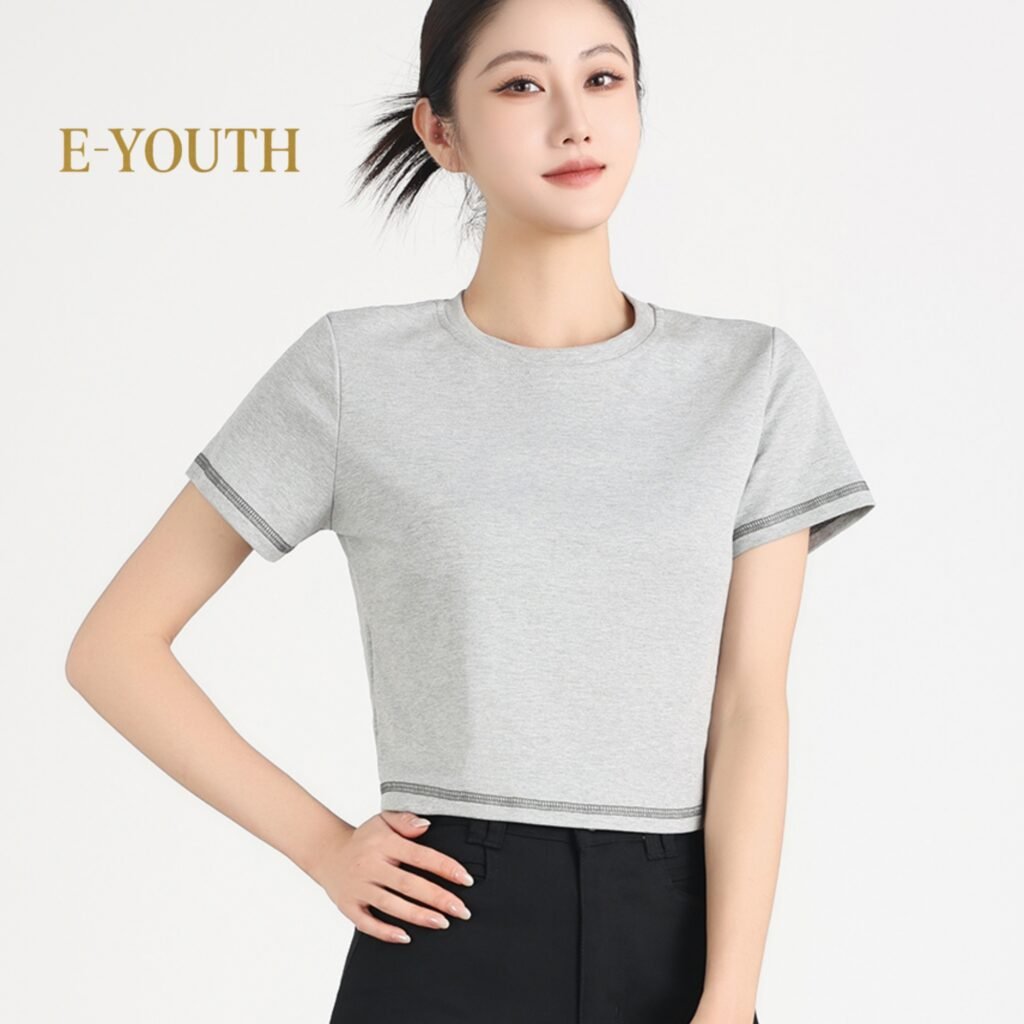 E-YOUTH 13113 Women Contrast Stitch Cropped Tee