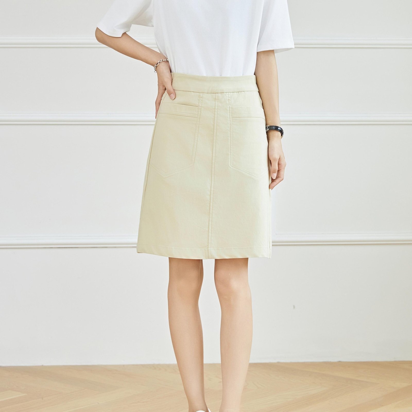 E-youth 1955 Women's Plain Knee-Length Midi Skirt - High Waist, Regular Fit - Cotton Elastane product detail 1