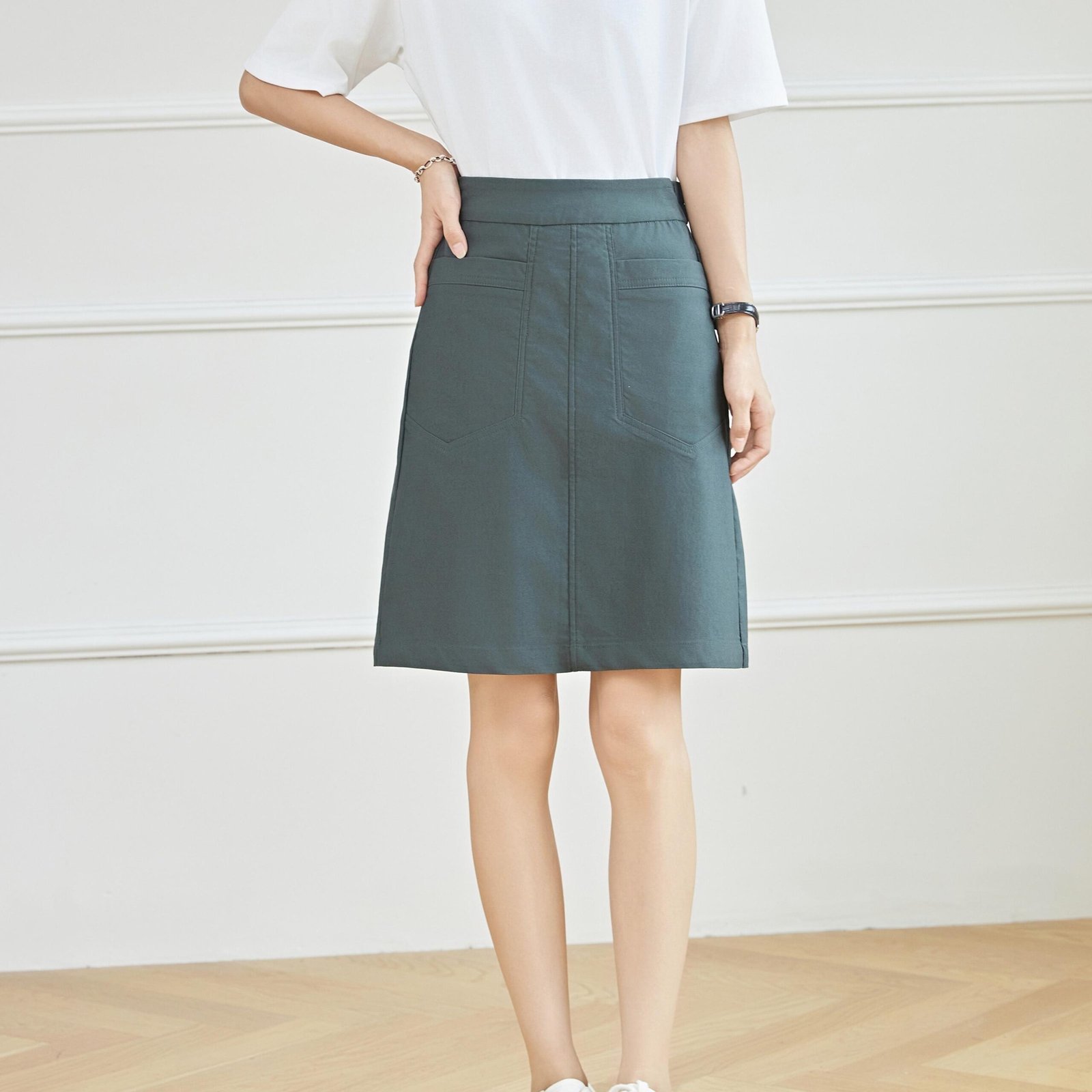 E-youth 1955 Women's Plain Knee-Length Midi Skirt - High Waist, Regular Fit - Cotton Elastane product detail 5