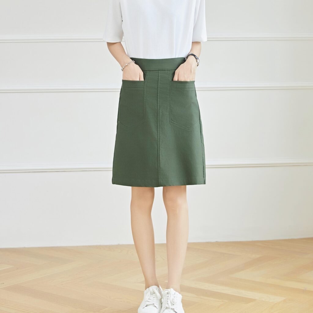 E-youth 1955 Women's Plain Knee-Length Midi Skirt - High Waist, Regular Fit - Cotton Elastane